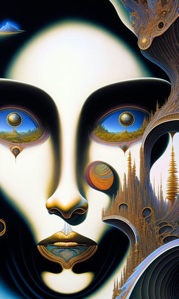 Surrealist Artwork: Face with Landscape Eyes and Architectural Mouth