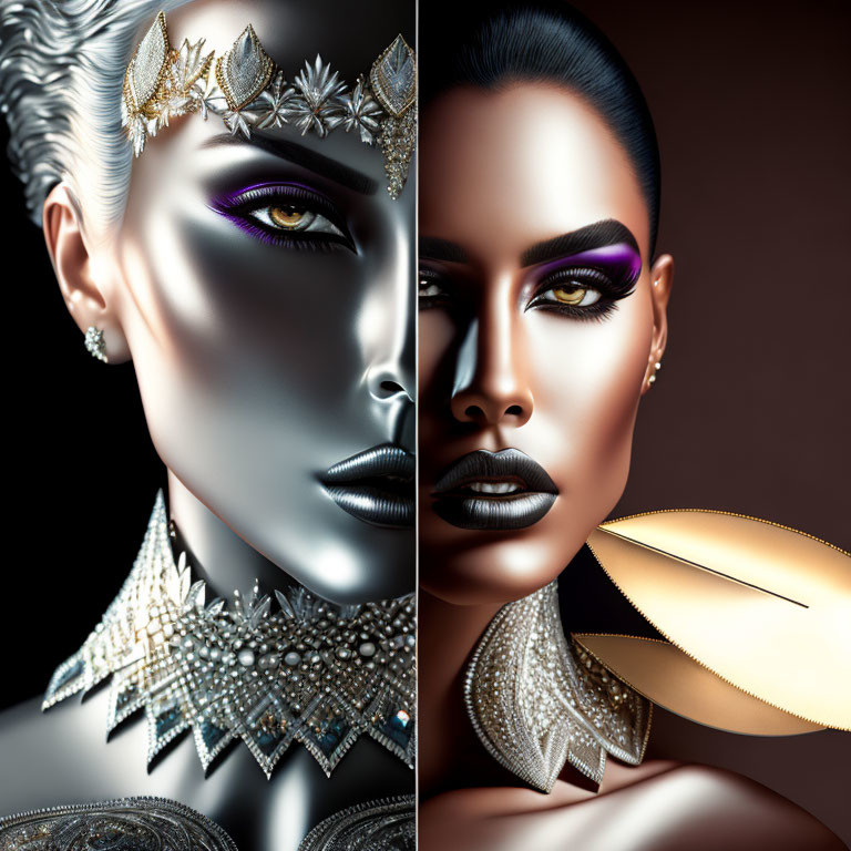 Split image featuring woman and metallic counterpart with bold makeup, luxurious jewelry, and avant-garde headpiece