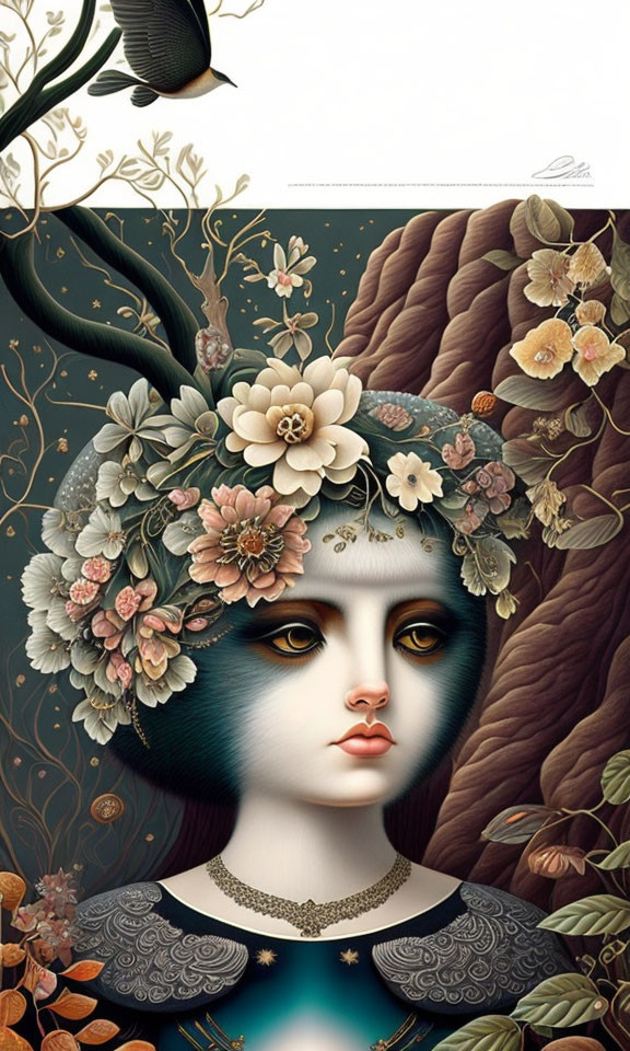 Surreal female figure with dark hair and flower crown in illustrated portrait
