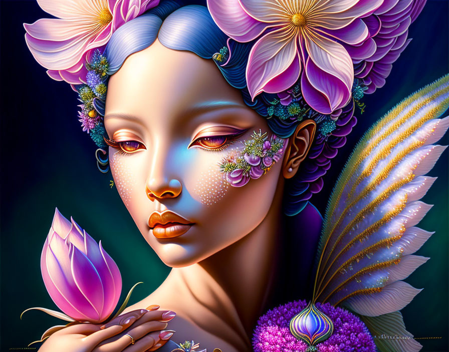 Colorful digital artwork of a woman with floral and feather motifs and lotus, featuring intricate face decorations