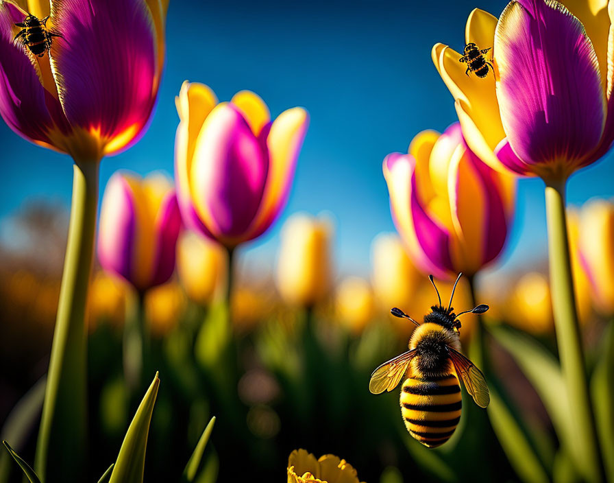 Colorful tulips and flying bee against blue sky showcase nature's beauty.