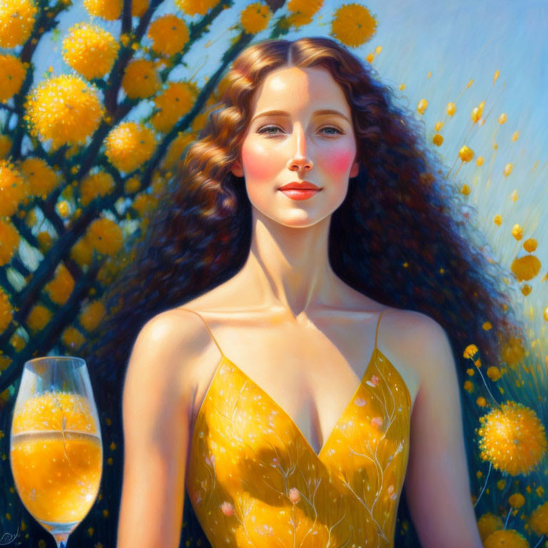Woman in Yellow Dress Smiling with Yellow Flowers and Bubbly Drink