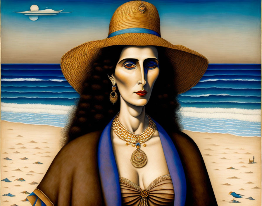 Exaggerated features woman with large hat and ocean backdrop
