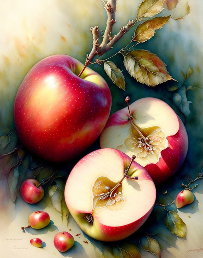 Detailed painting of ripe apples with rich colors & textures