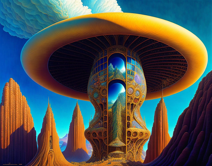 Fantastical landscape with towering spires and mushroom-shaped structure