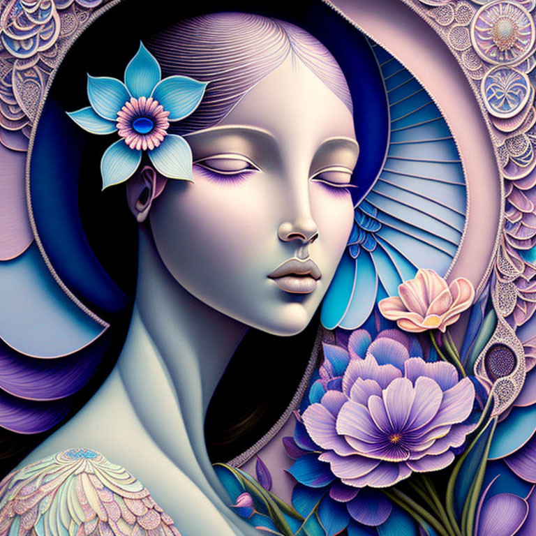 Surreal illustration of woman with purple skin and floral patterns