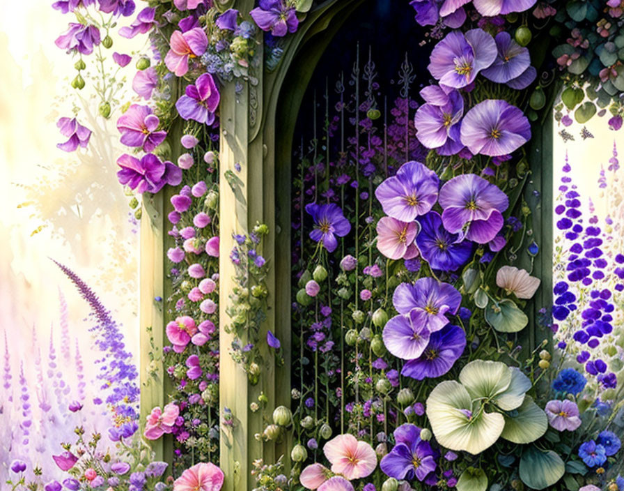 Vibrant purple and green flower archway in enchanting garden