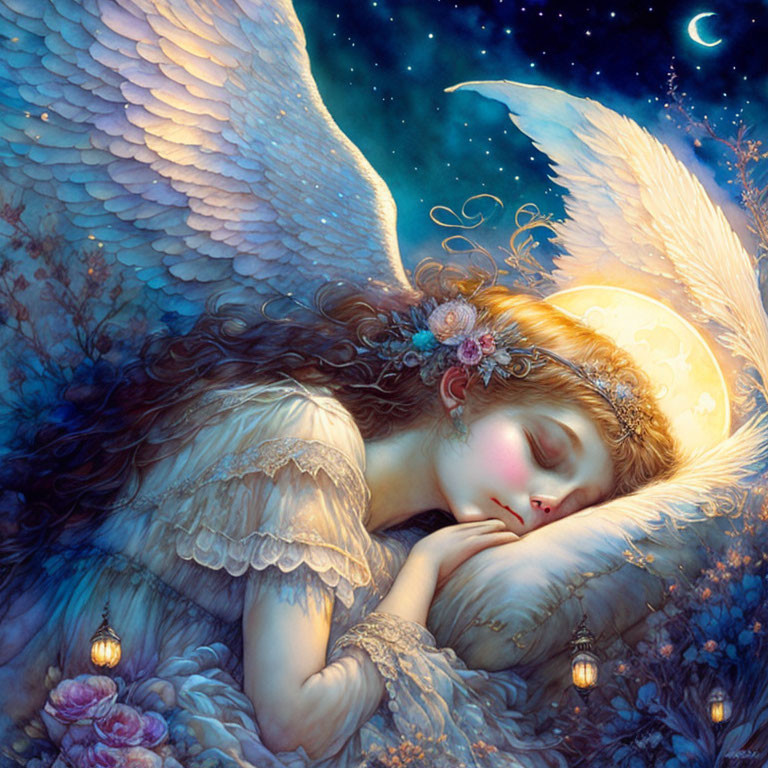 Peaceful angel with large wings and floral halo under starlit sky