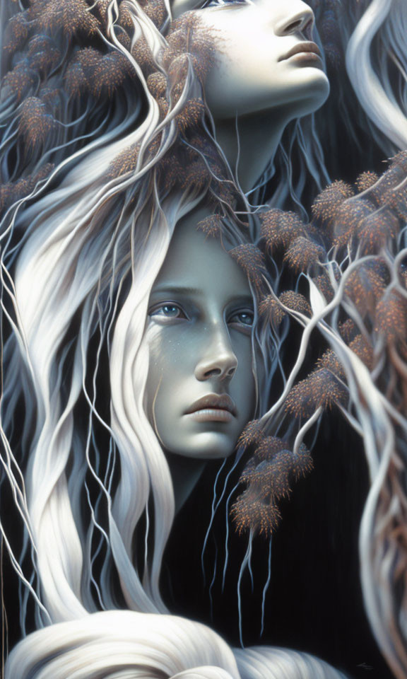 Surreal illustration of pale figure with white hair and intertwined branches.