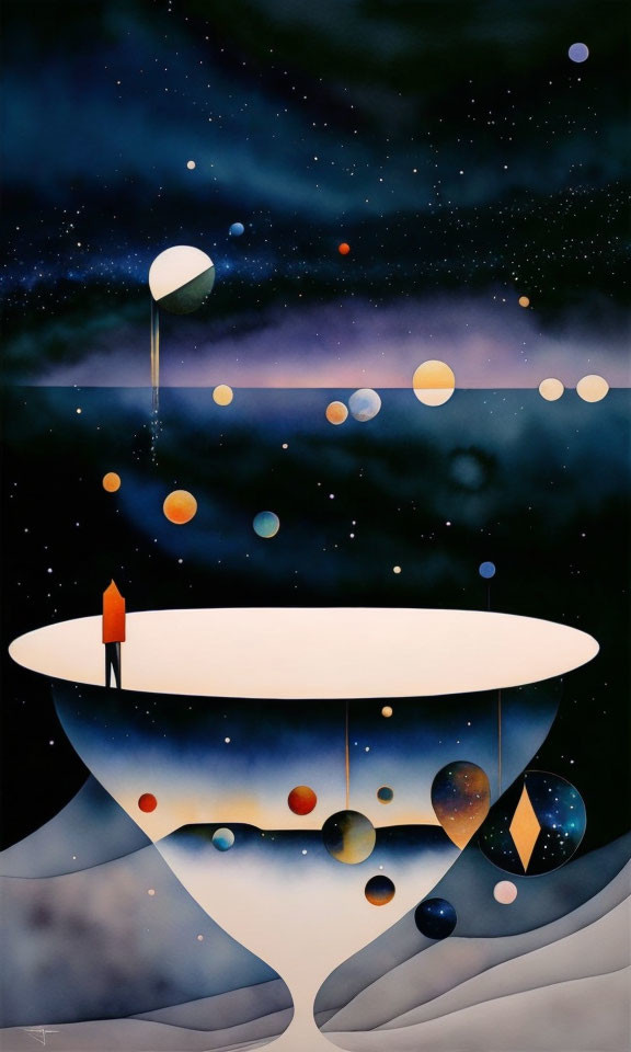 Surreal painting of figure with umbrella under cosmic sky