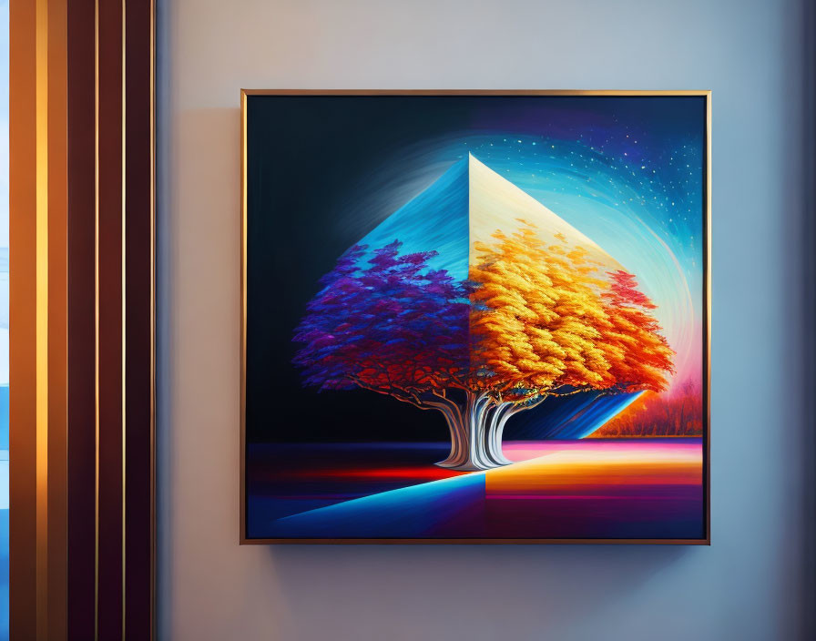 Colorful Tree Painting in Art Gallery with Striped Wall Display