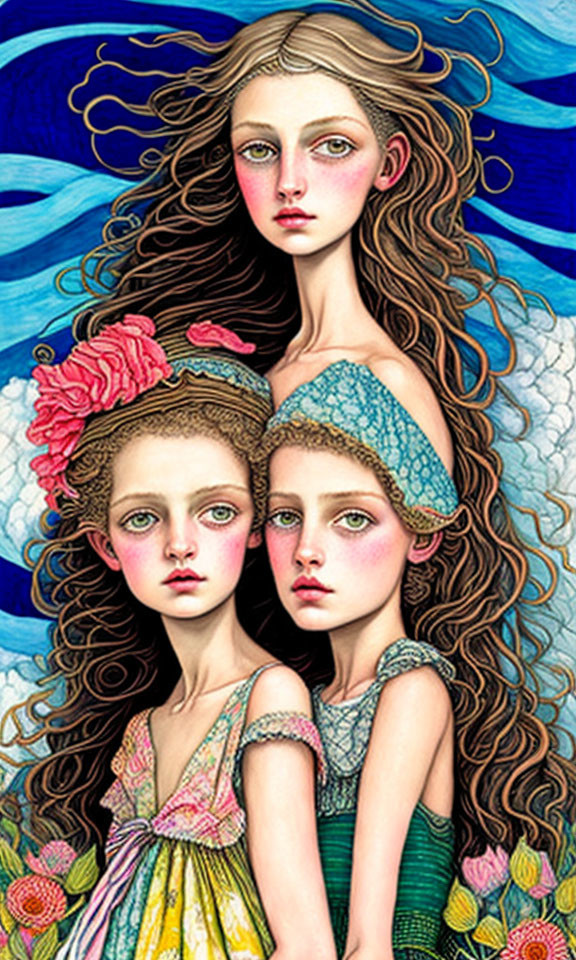 Stylized female figures with flowing hair and large eyes on blue wavy backdrop.