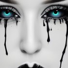 Digital portrait featuring face with blue eyes, metallic skin, and dripping black liquid