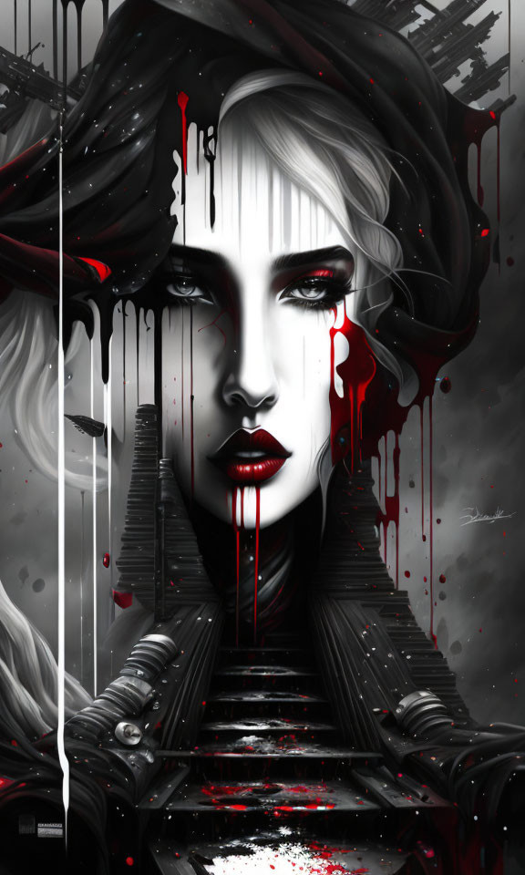 Monochromatic artwork of woman with white hair and red accents on dark backdrop