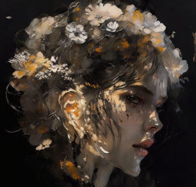 Portrait of woman with white flowers in ethereal setting