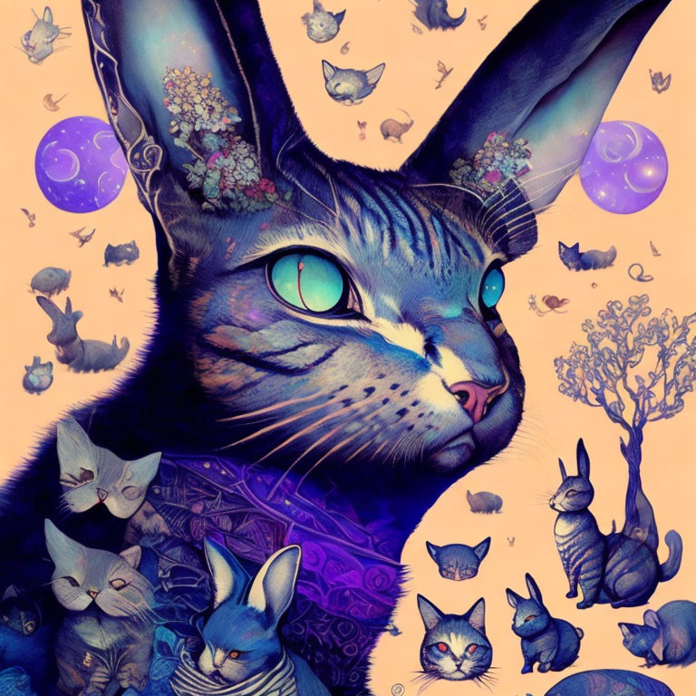 Blue Cat with Green Eyes Surrounded by Whimsical Cats and Bunnies on Purple Background