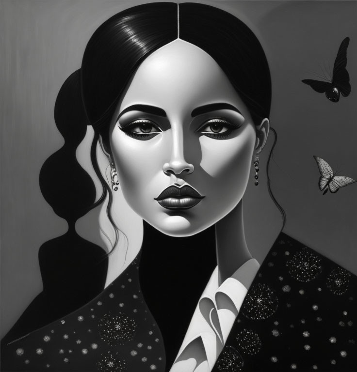 Elegant monochromatic portrait of a woman with butterflies, exuding classic vibe