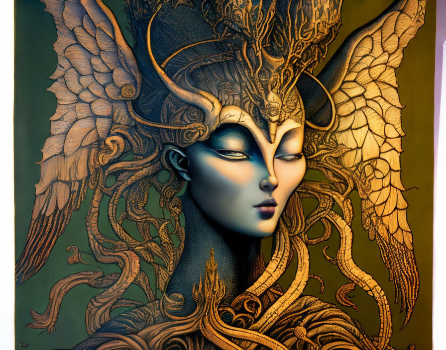 Mythological figure with blue skin, golden headgear, and wings