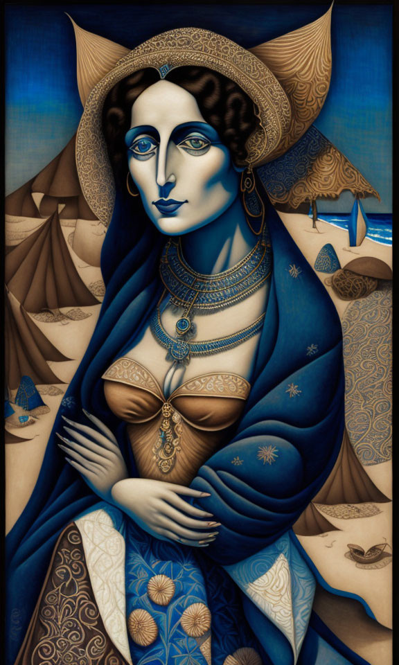 Stylized painting of woman with dark eyes, gold jewelry, blue cloak, surreal sand dunes