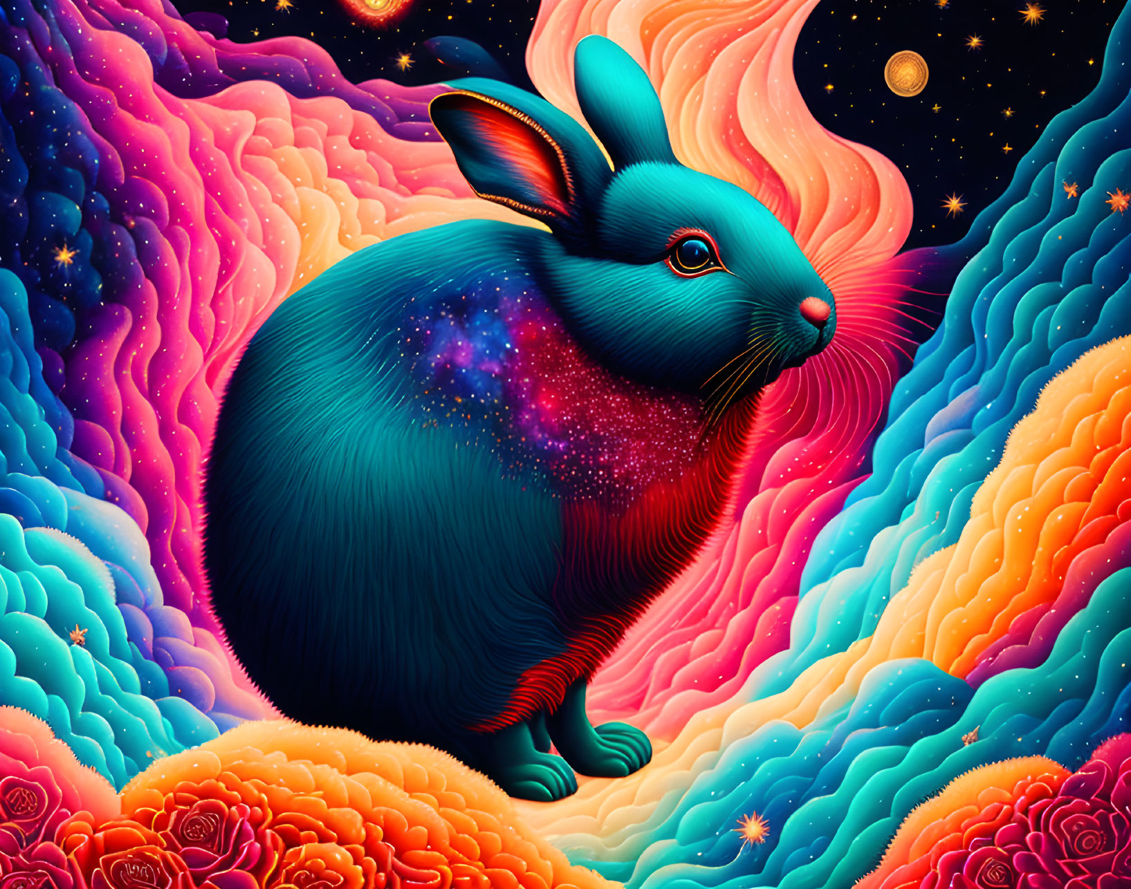 Colorful cosmic rabbit surrounded by swirling clouds and floral patterns
