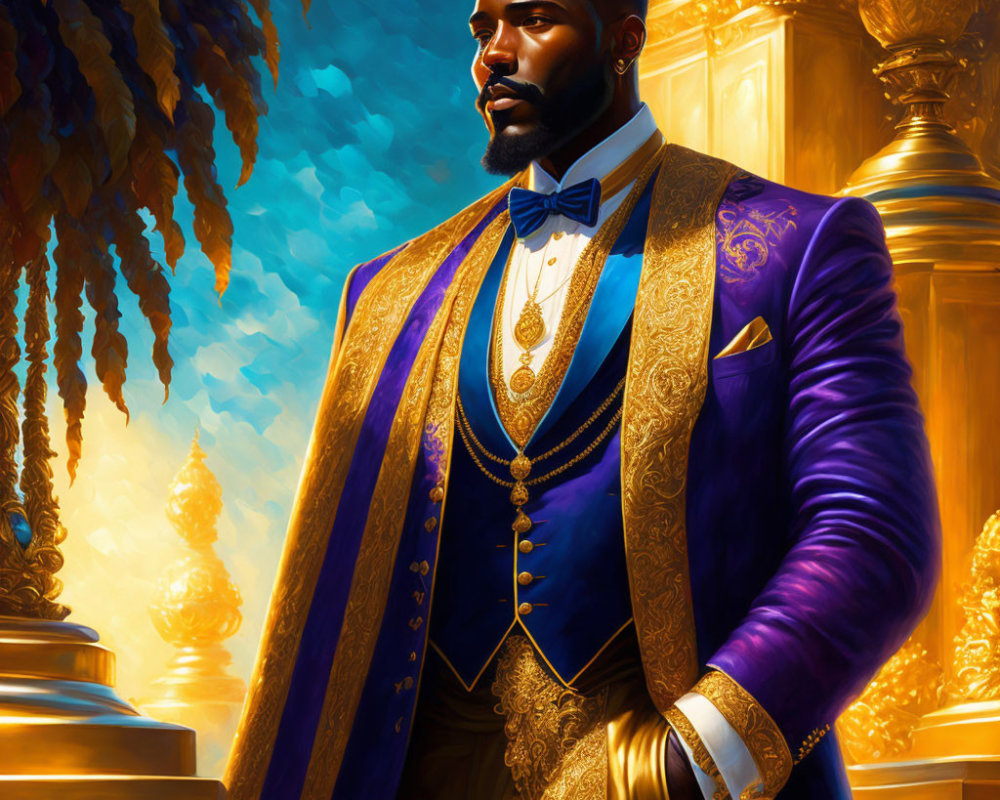 Regal man in blue and gold suit with bow tie and pocket watch poses confidently.