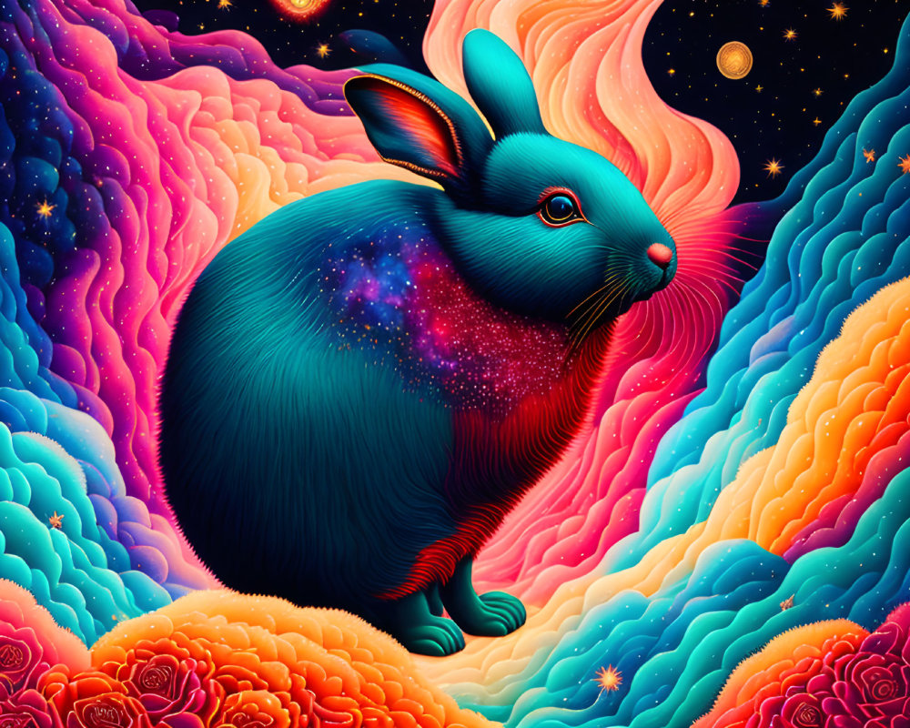 Colorful cosmic rabbit surrounded by swirling clouds and floral patterns