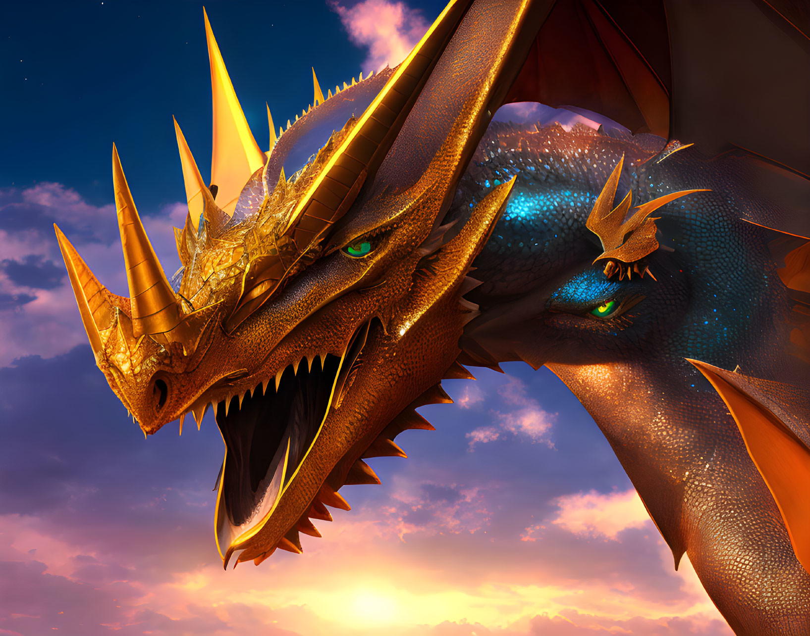 Golden-horned dragon with blue scales in dramatic sunset scene