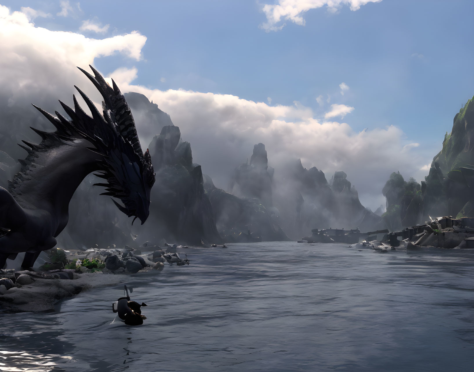 A gray dragon drinking water