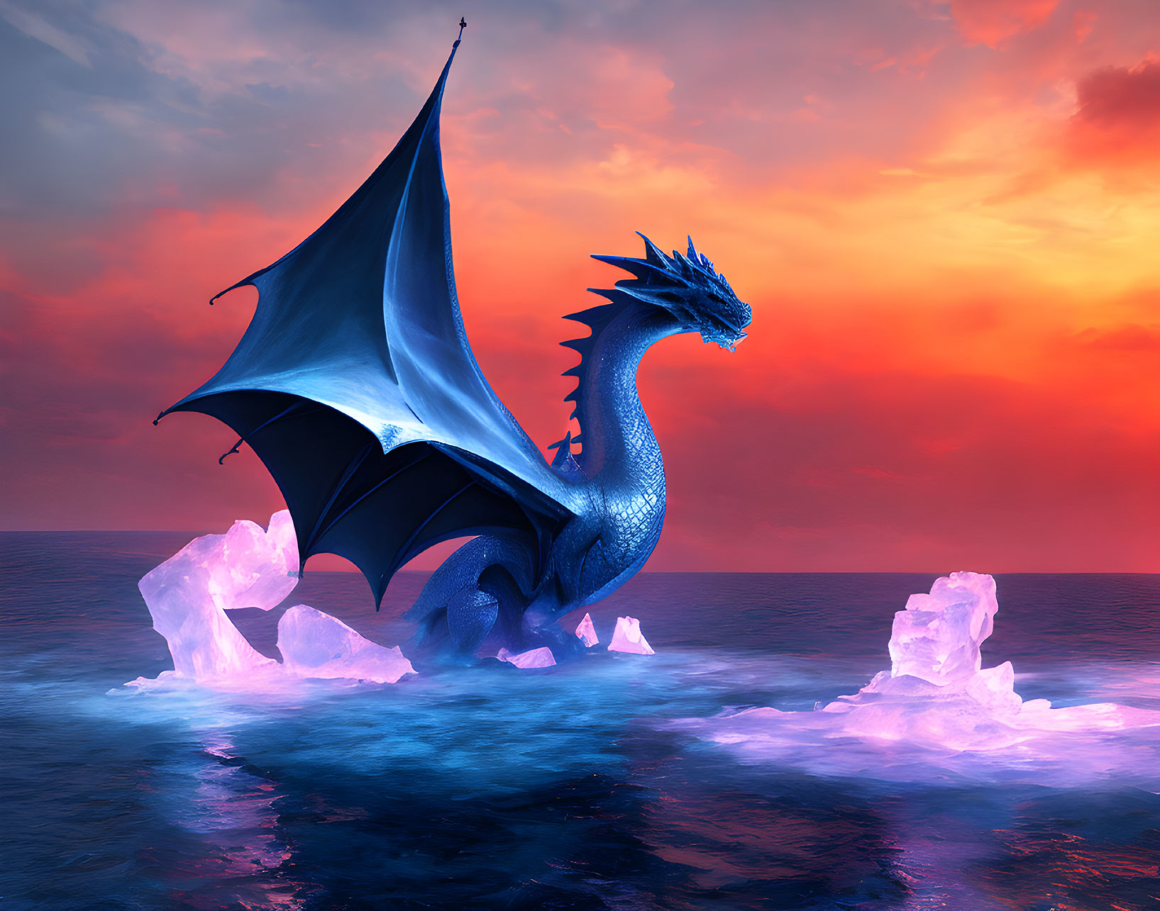 Blue dragon in icy waters under orange and pink sunset sky