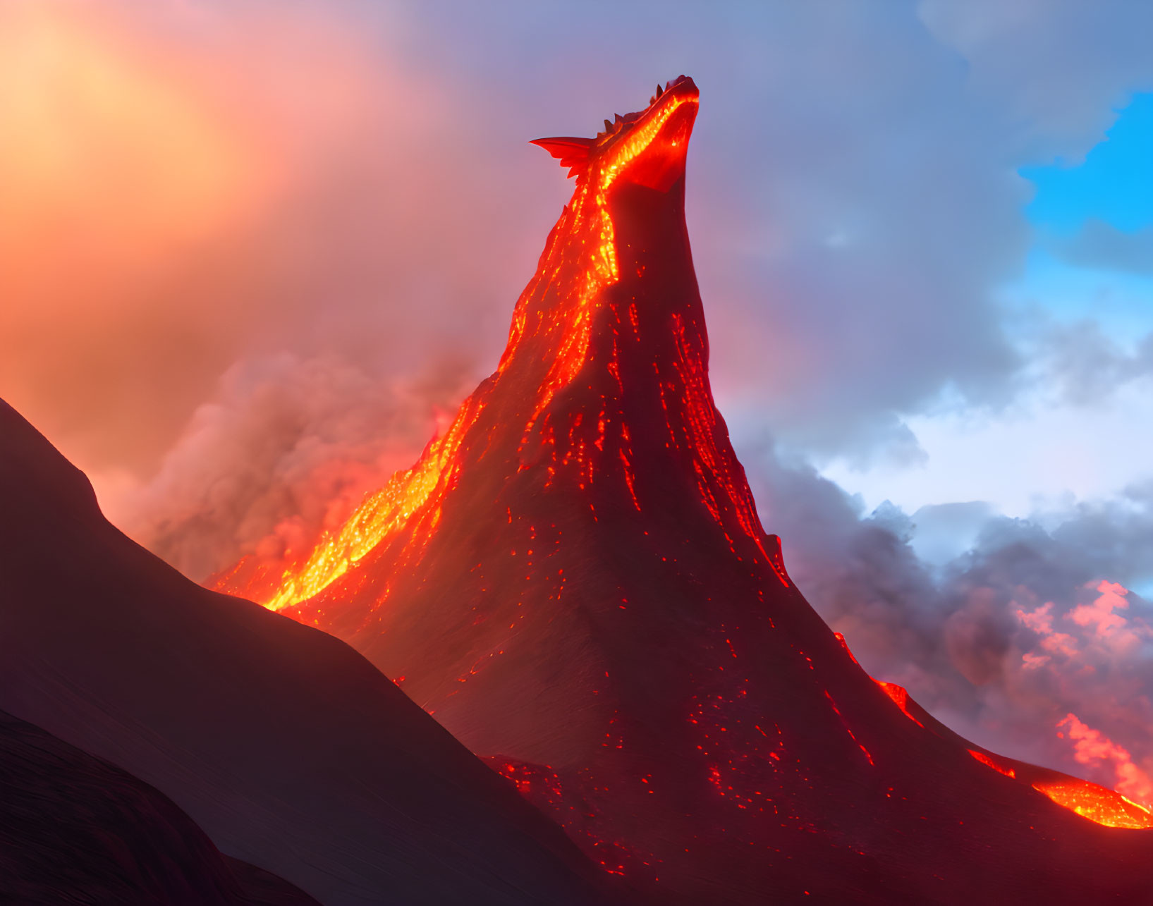 Glowing lava flow cascading down steep volcano under dramatic sky