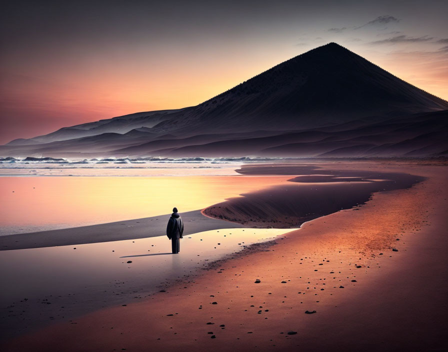 Solitary Figure on Tranquil Beach at Twilight