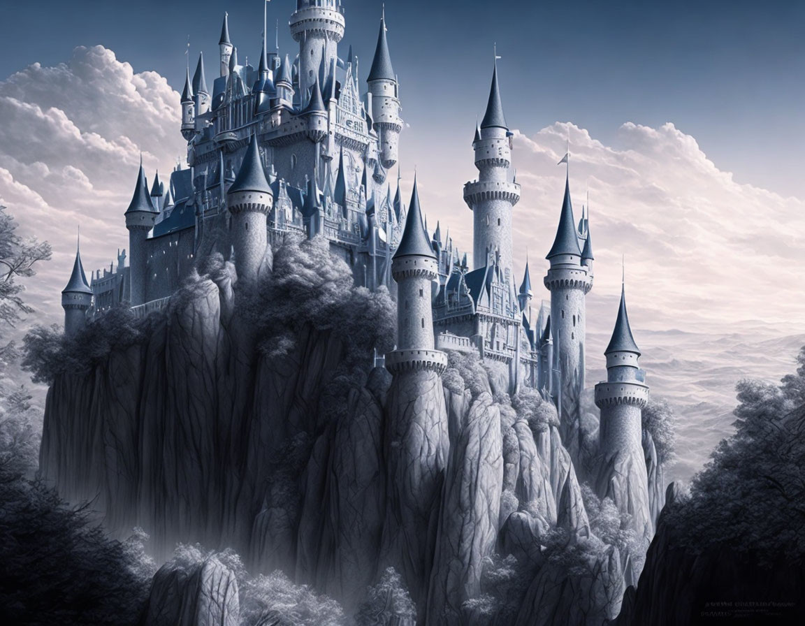 Majestic castle with spires on rugged cliff in twilight forest