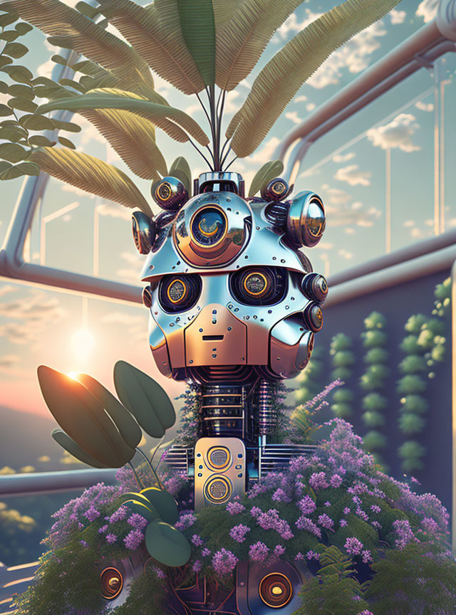 Whimsical robot with potted plant hair in greenhouse at sunset