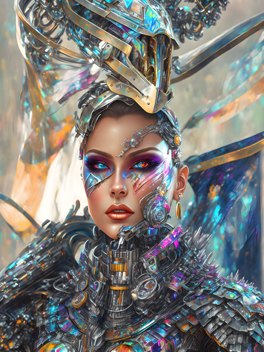 Detailed digital artwork: Woman in futuristic cybernetic armor and helmet with iridescent hues and orn
