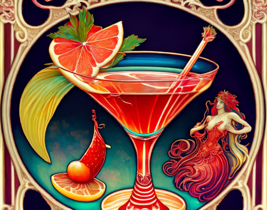 Colorful Cocktail Glass with Fruit Slices Beside Art Nouveau Figure