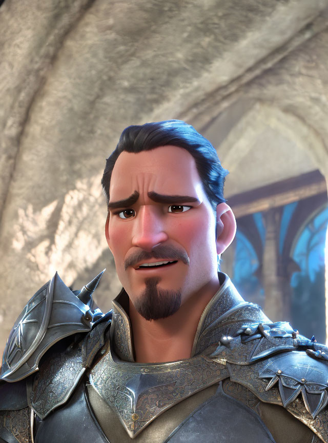 Dark-haired animated character in silver armor with blue details against arched structure background
