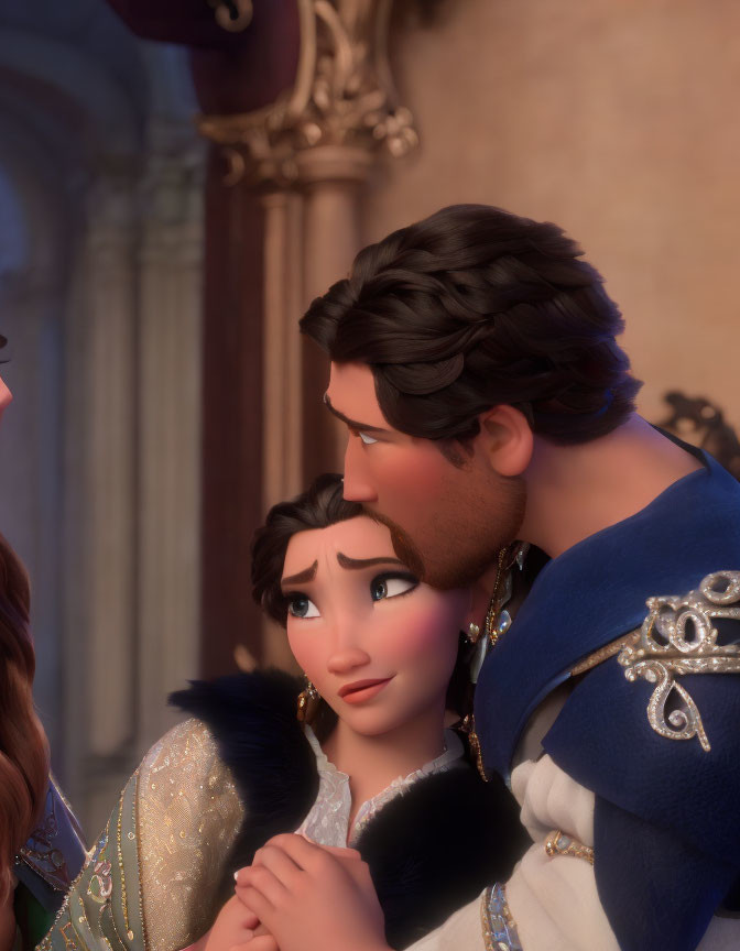 Animated characters in royal attire sharing a tender moment with a man leaning forward to kiss the woman's forehead