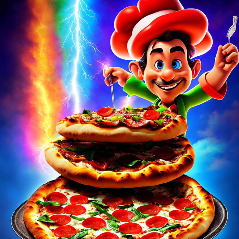 Smiling animated chef with spatula above giant pepperoni pizza on blue background