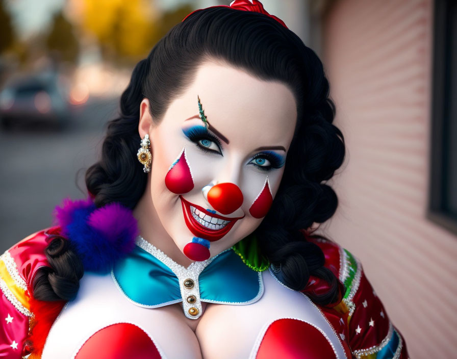 Colorful Clown Costume with Exaggerated Makeup and Vibrant Outfit