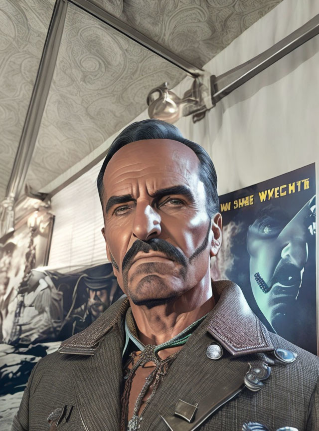 Stylized man with mustache in military outfit next to vintage poster