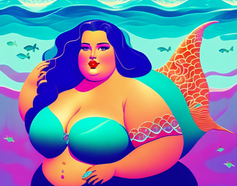 Vibrant Plus-Size Mermaid Illustration with Orange Tail in Sea