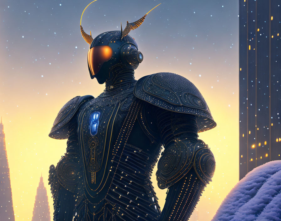 Futuristic knight in black armor with blue elements against cityscape backdrop