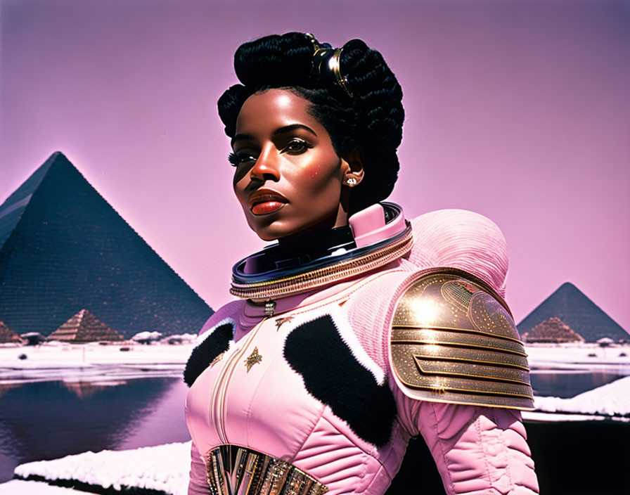 Futuristic woman in pink and gold outfit by pyramids under purple sky