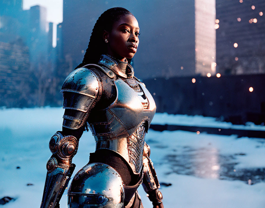 Futuristic armored woman in snowy urban landscape with glowing embers