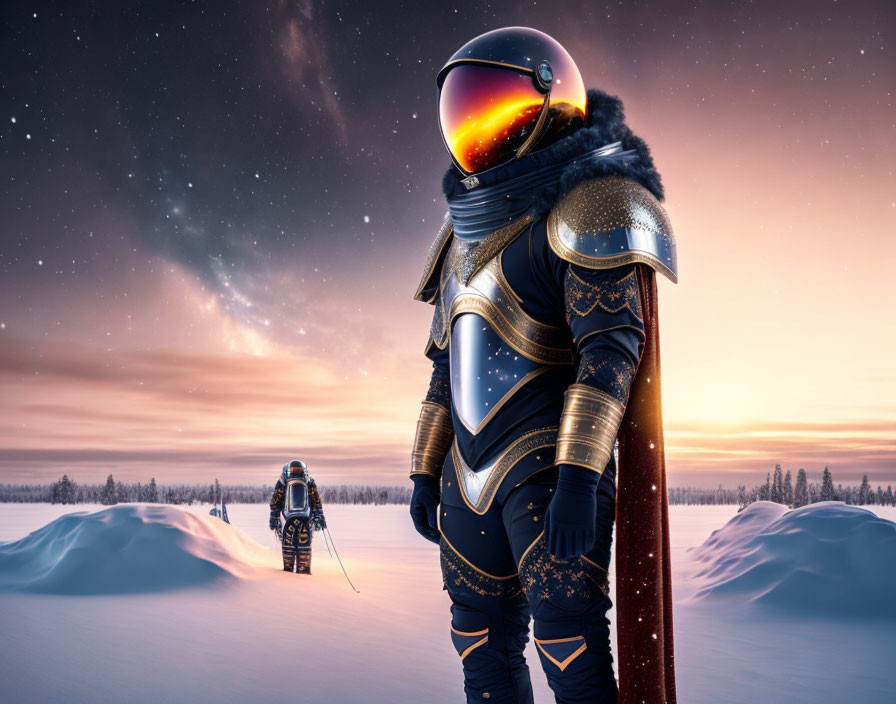 Medieval armor-clad astronauts in snowy dusk landscape with starry sky.