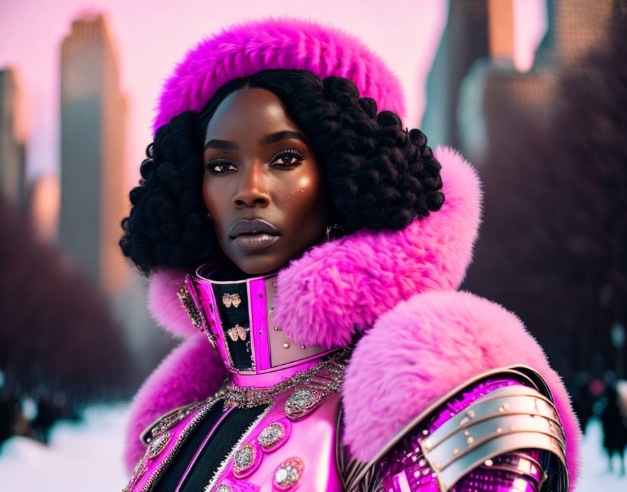 Dark-skinned woman in pink fur hood and metallic shoulder armor against urban backdrop
