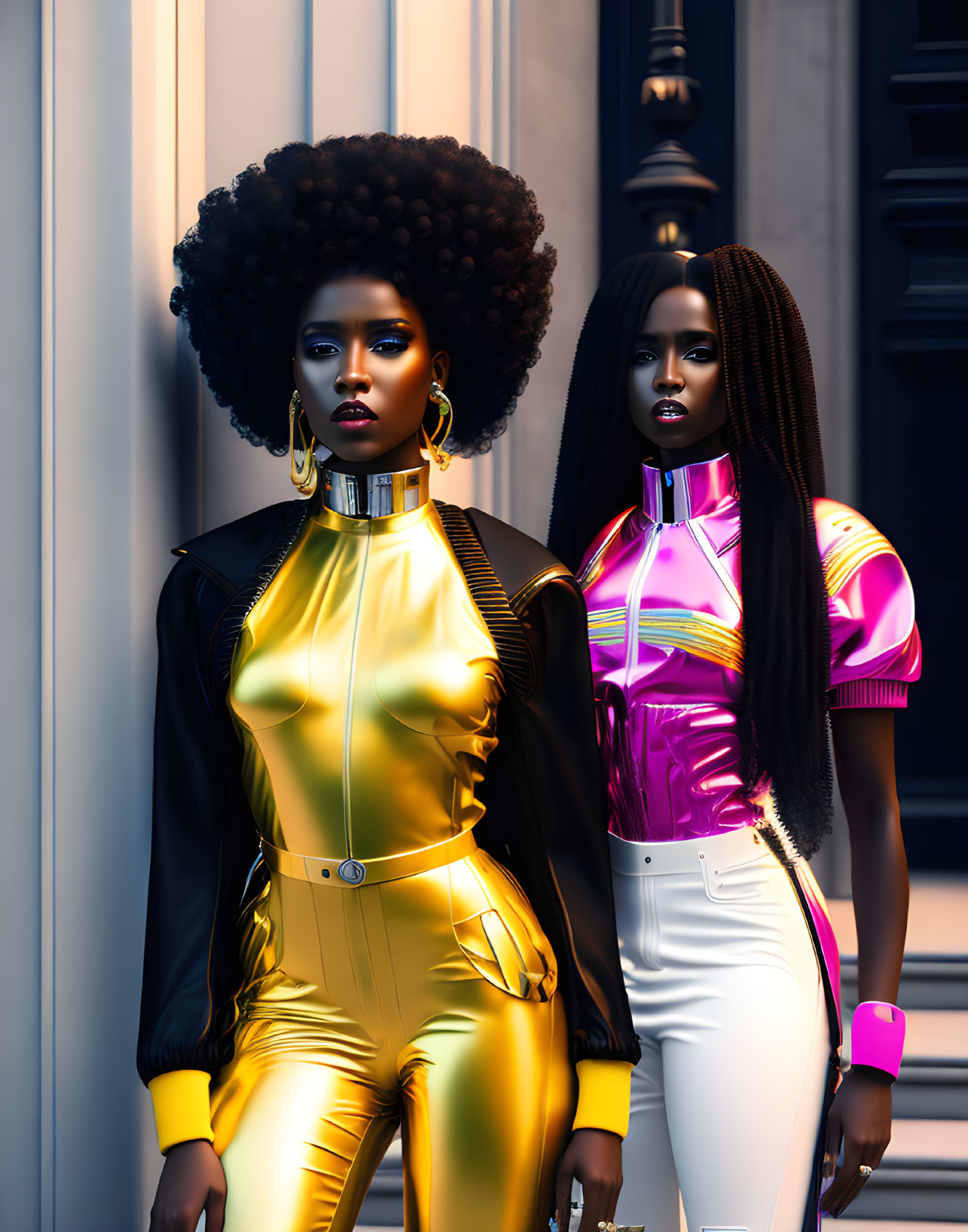 Two women with bold afro hairstyles in futuristic outfits posing in front of a classical building.