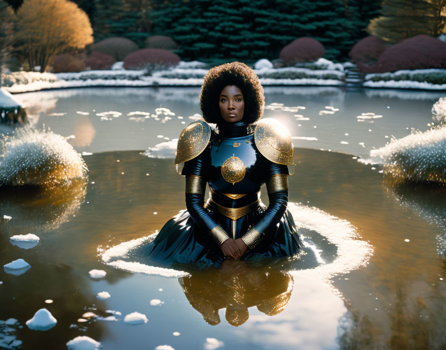 Futuristic armored woman in serene pond under soft sunlight