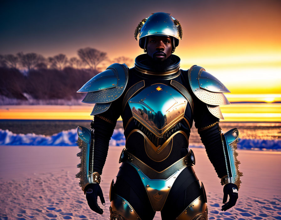Futuristic armored person on snow-covered beach at sunset