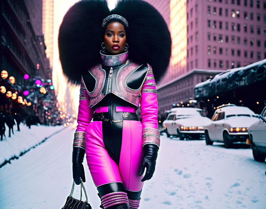 Confident woman in pink and black outfit on snowy city street